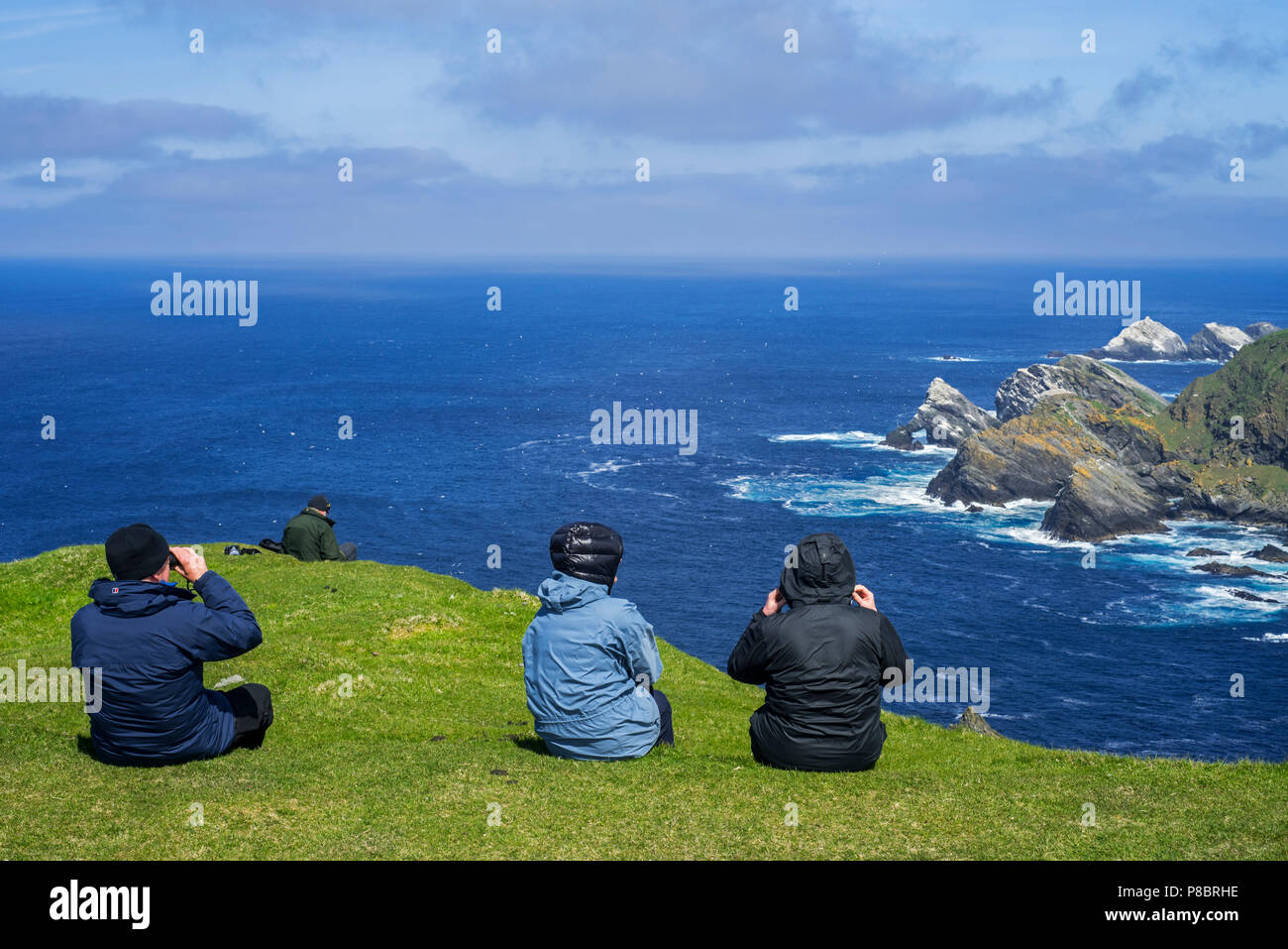 Birdwatchers watching coastline with sea cliffs and stacks, home to breeding sea birds at Hermaness, Unst, Shetland Islands, Scotland, UK Stock Photo
