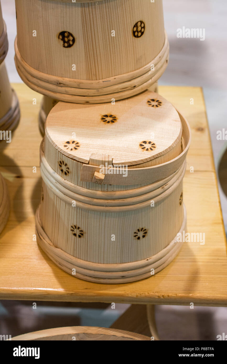 Set of buckets made of wood in a market place Stock Photo Alamy