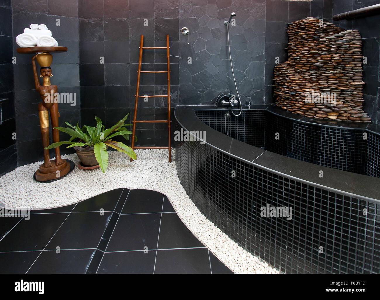 Modern Bathroom Interior With Stone Wall Stock Photo Alamy