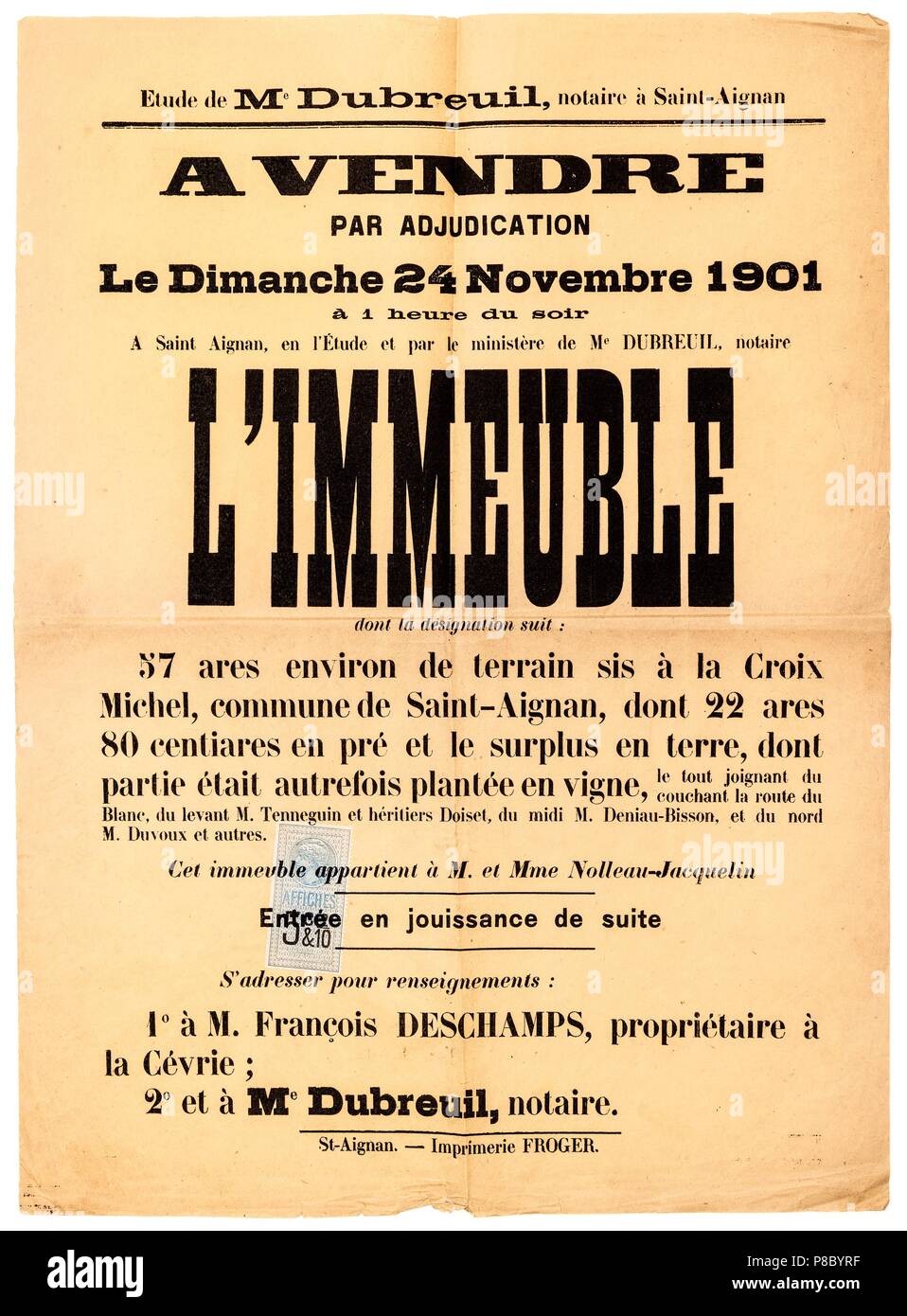 French 1901 poster announcing a land / building sale. Stock Photo