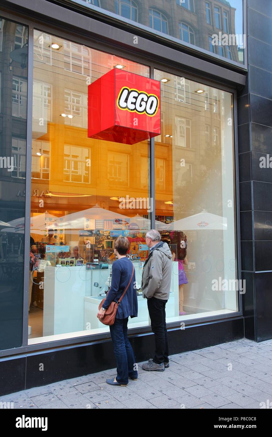 HAMBURG, GERMANY - AUGUST 28, 2014: People visit Lego Store in Spitallerstrasse, Hamburg. Lego Group had 4.7 billion USD revenue in 2013 (with 1.5 bil Stock Photo