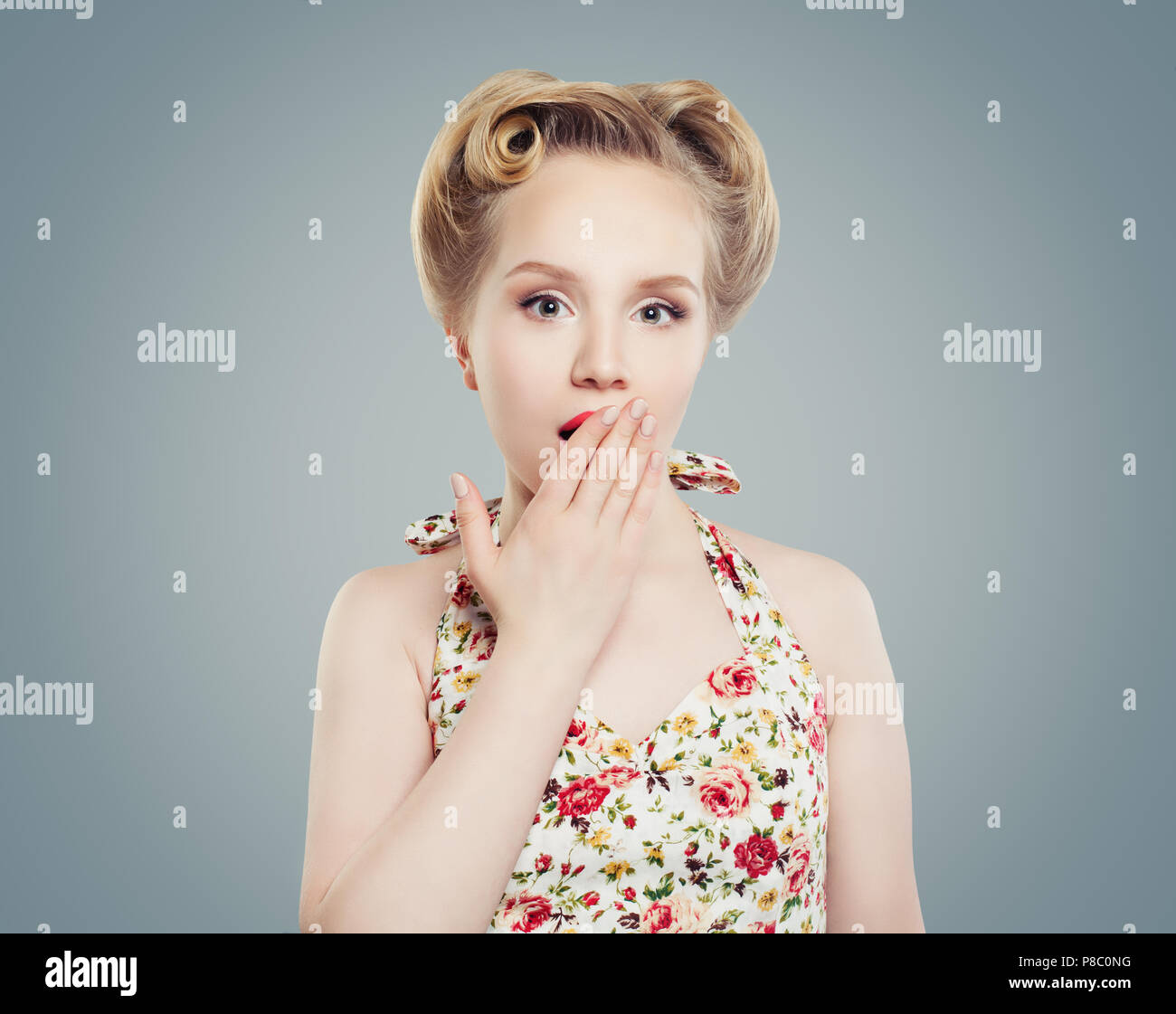 Shocked Woman Surprised Girl With Perfect Makeup And Retro
