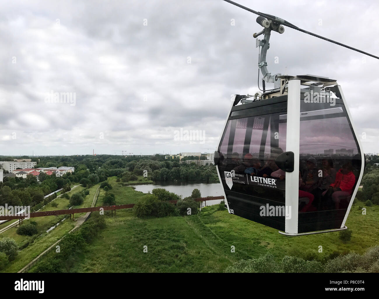 Berlin, Germany, Gondola of the cable car over the Kienbergpark Stock Photo