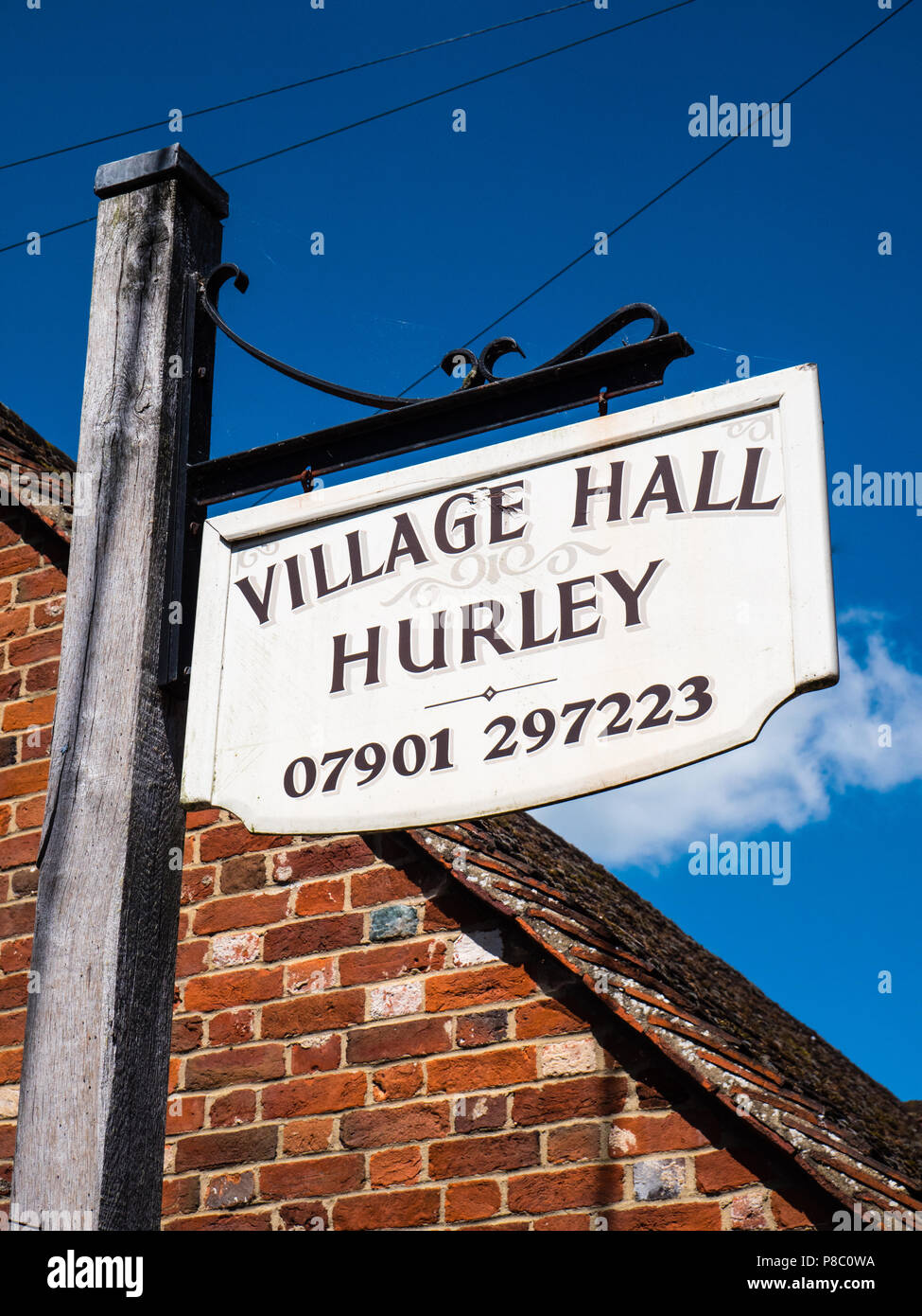 Village Hall Sign, Hurley Village Hall, Hurley, Berkshire, England, UK, GB. Stock Photo