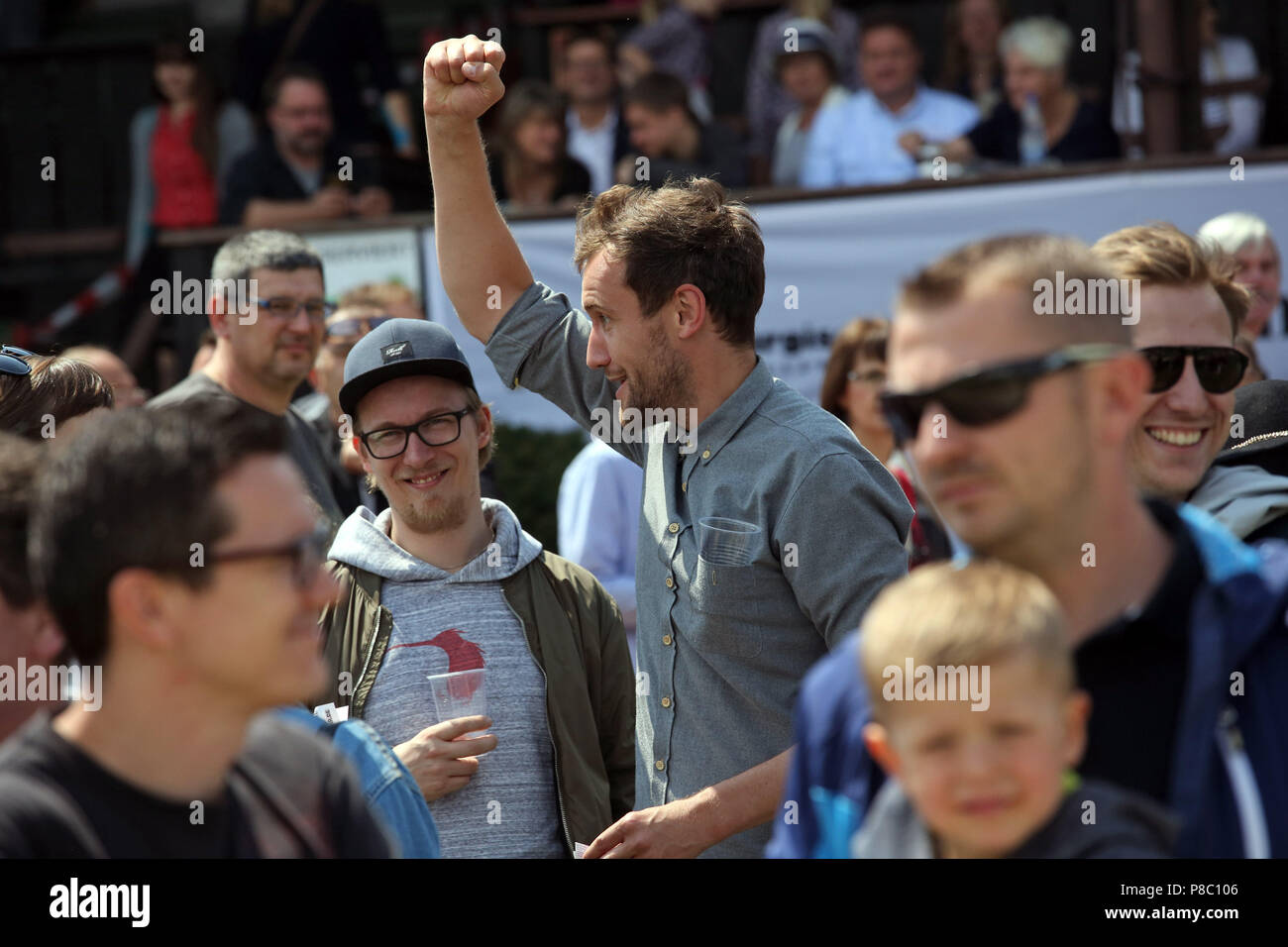 Dresden, man is happy about his bet Stock Photo