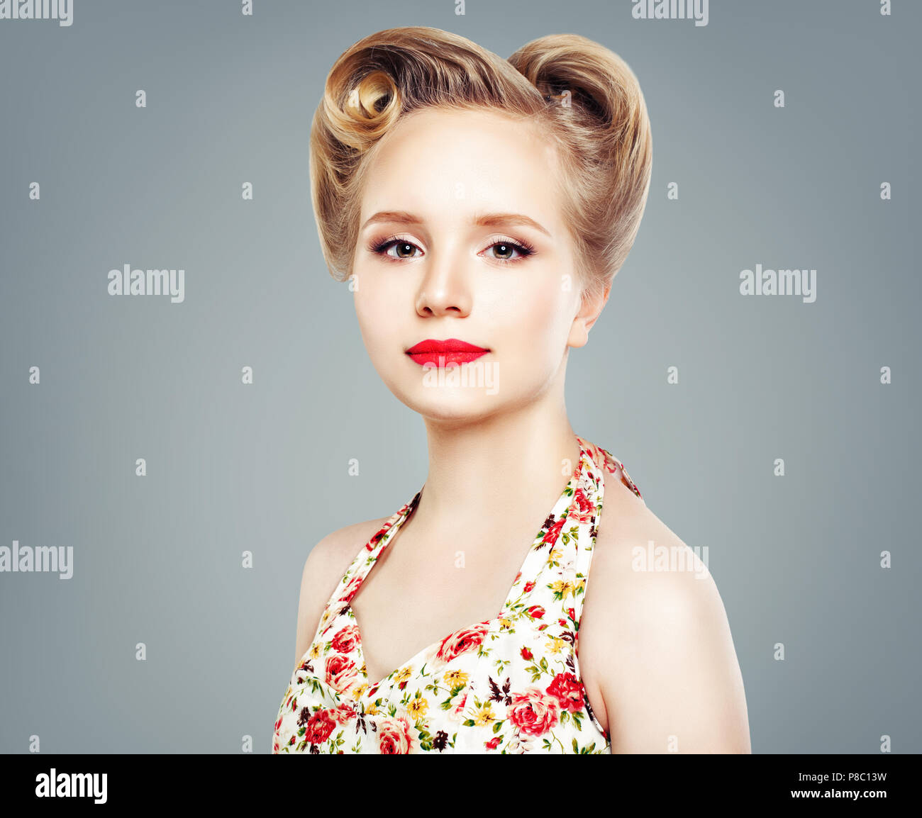 Beautiful Woman With Retro Vintage Pin Up Hairstyle And Makeup