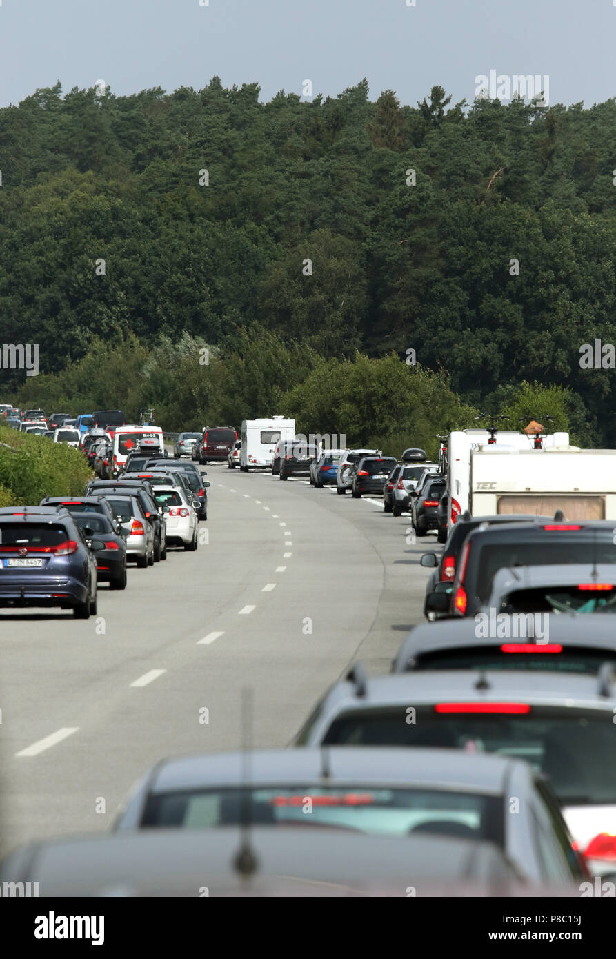 Leizen, Germany, traffic jam on the A19 heading north with formation of a rescue lane Stock Photo