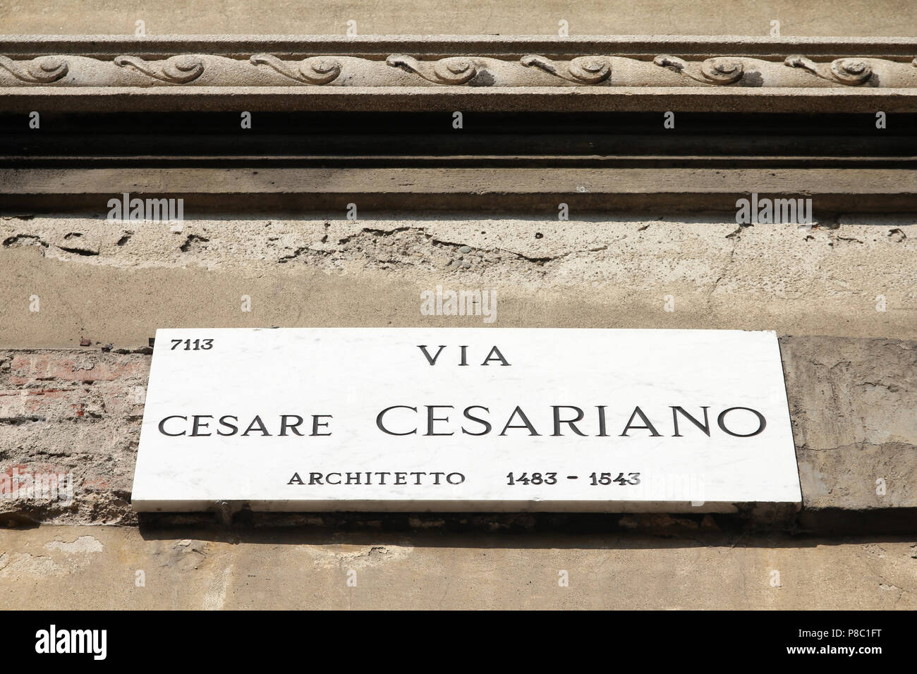 Milan, Italy. Street name, old architecture detail. Stock Photo