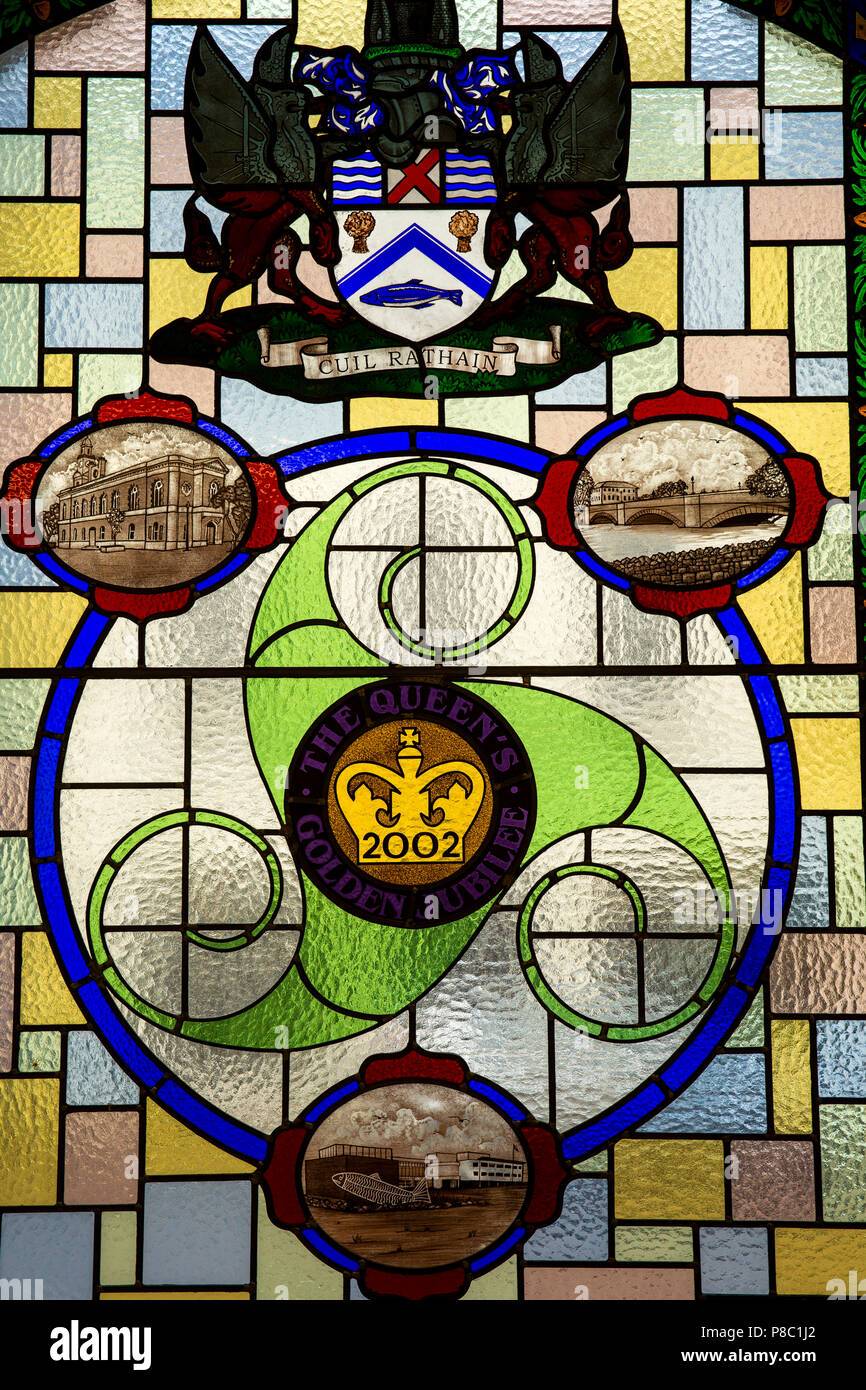 UK, Northern Ireland, Co Londonderry, Coleraine Town Hall, 2002 Queen’s Golden Jubilee stained glass window Stock Photo