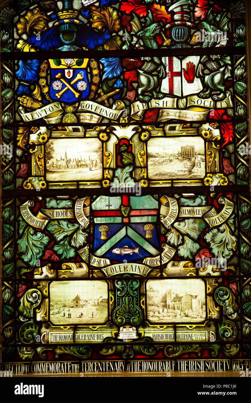 UK, Northern Ireland, Co Londonderry, Coleraine Town Hall, stained glass window commemorating The Honourable the Irish Society1613 -1913 Stock Photo