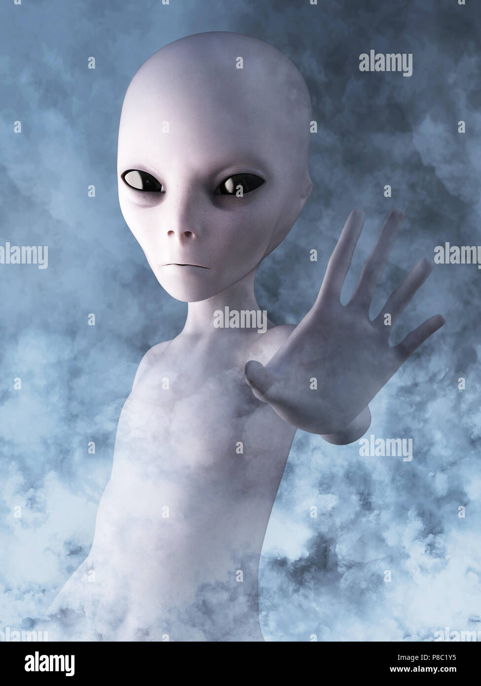 Alien reaching out its hand. He is surrounded by smoke or clouds like ...