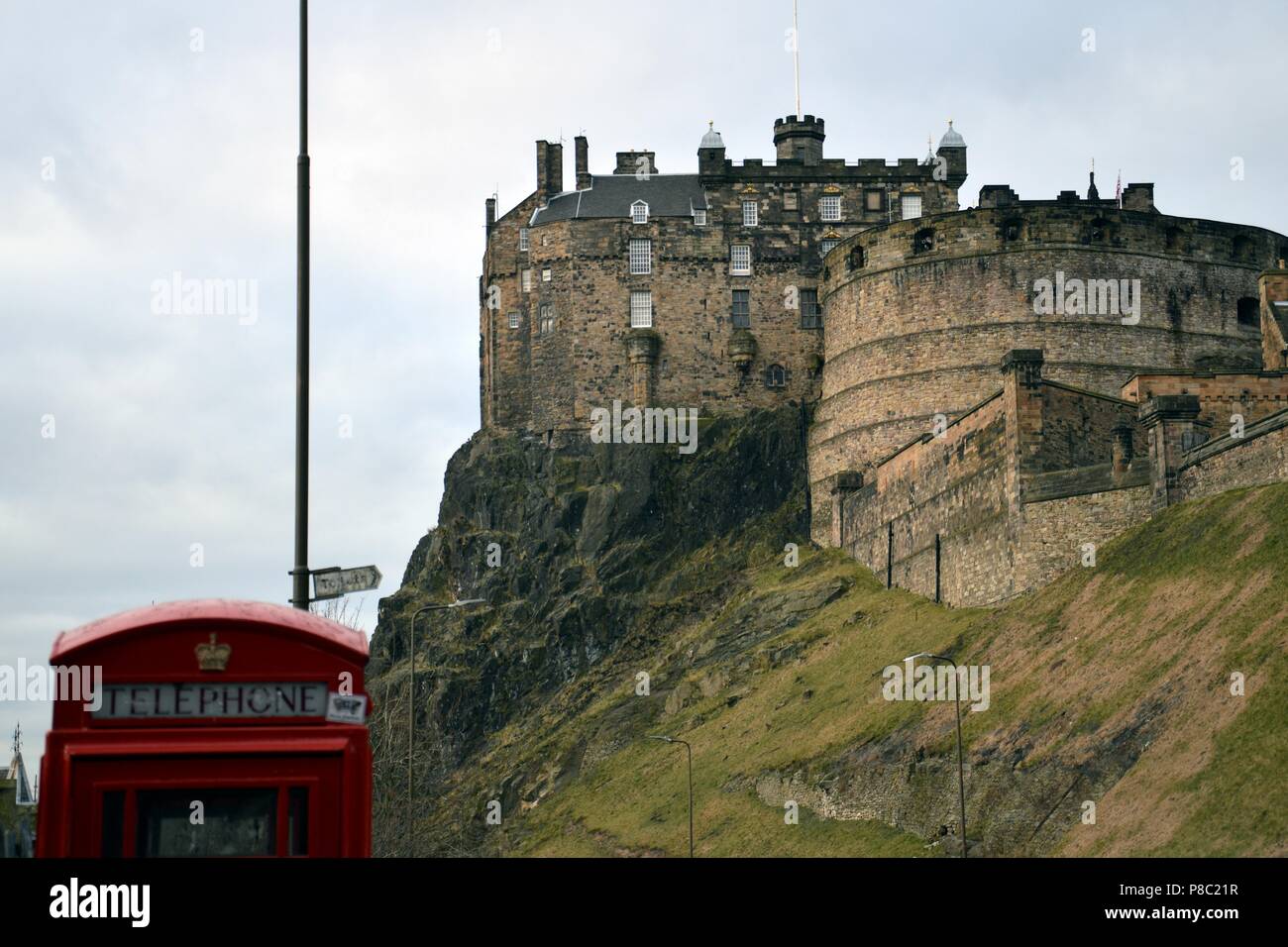 lateral view of Edinburgh's Castle with typical phone box Stock Photo