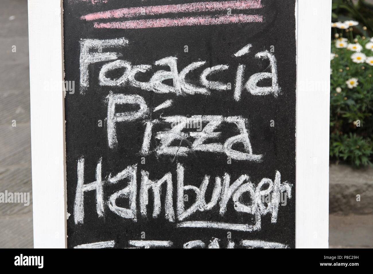 Italian cuisine restaurant blackboard menu with focaccia, pizza and hamburger Stock Photo Alamy