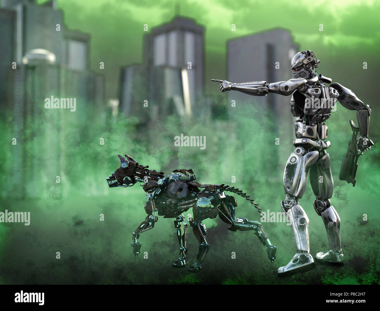3D rendering of a futuristic mech soldier holding a rifle and pointing with a dog beside him in a polluted futuristic dystopian world. Green toxic smo Stock Photo