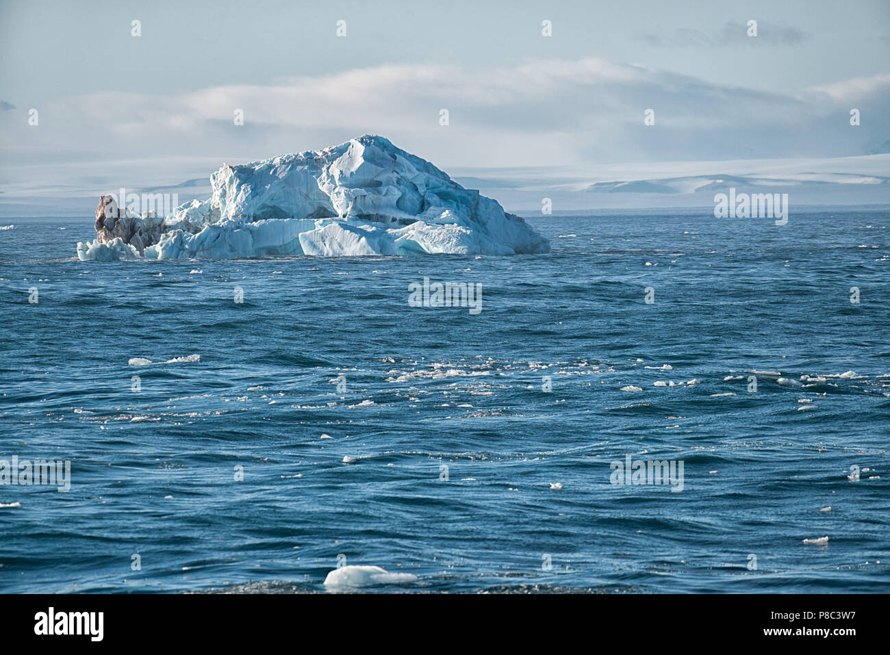 Iceberg in front of the arctic ice cap Austfonna, Svalbard, Norway. Eisberge vor Austfonna. Stock Photo
