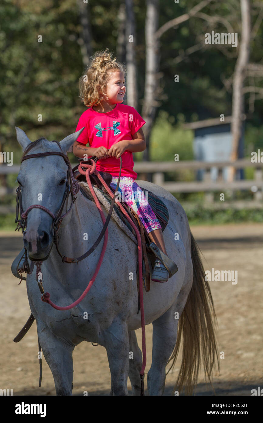 Young attractive, blonde, girl, goig horse back riding, sitting in ...