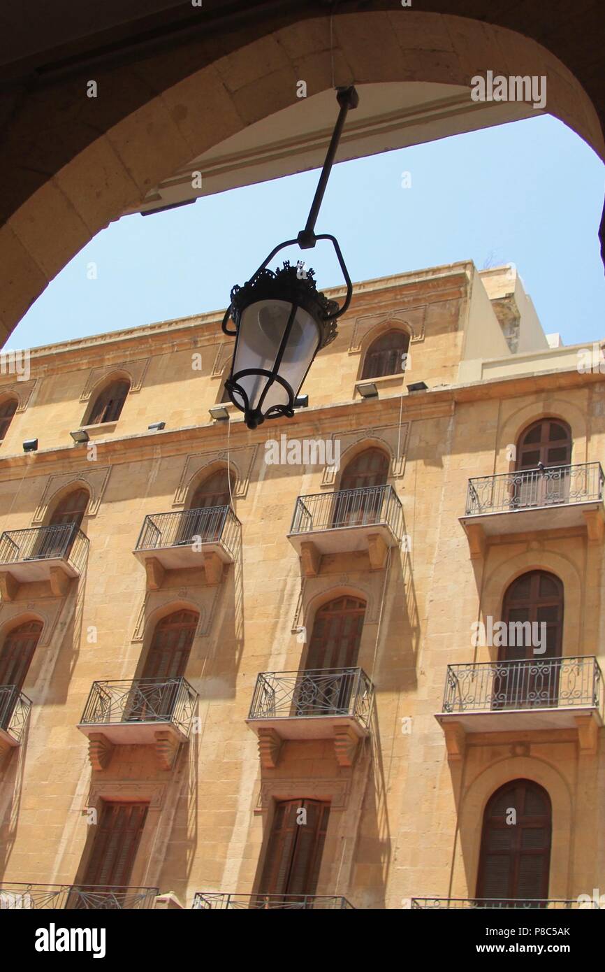 lamp in front of renovated sandstone buildings, Beirut Stock Photo