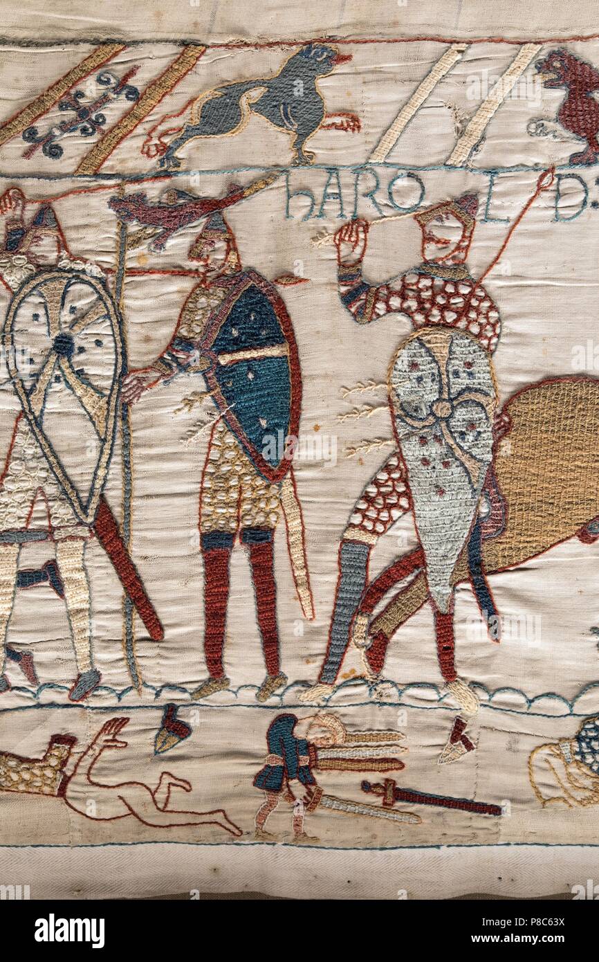 THE BAYEUX TAPESTRY, CALLED THE TAPESTRY OF QUEEN MATILDA, MEDIEVAL NORMANDY, FRANCE Stock Photo