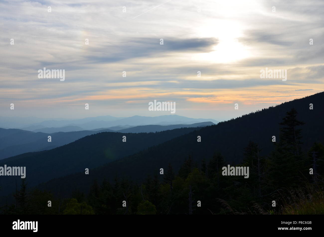 Great Smoky Mountains National Park in North Carolina at sunset, different high mountain ranges