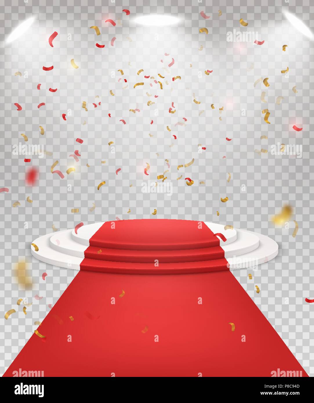 Abstract festive background with 3d three-step podium and red ca Stock Vector