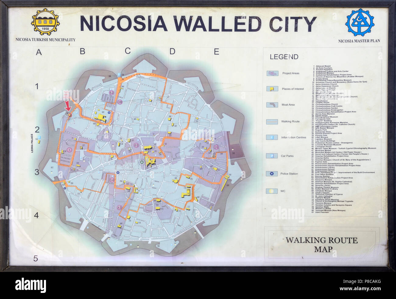 Tourist map of the old walled city of Nicosia located in North Nicosia (Lefkosa), Turkish Republic of Northern Cyprus Stock Photo