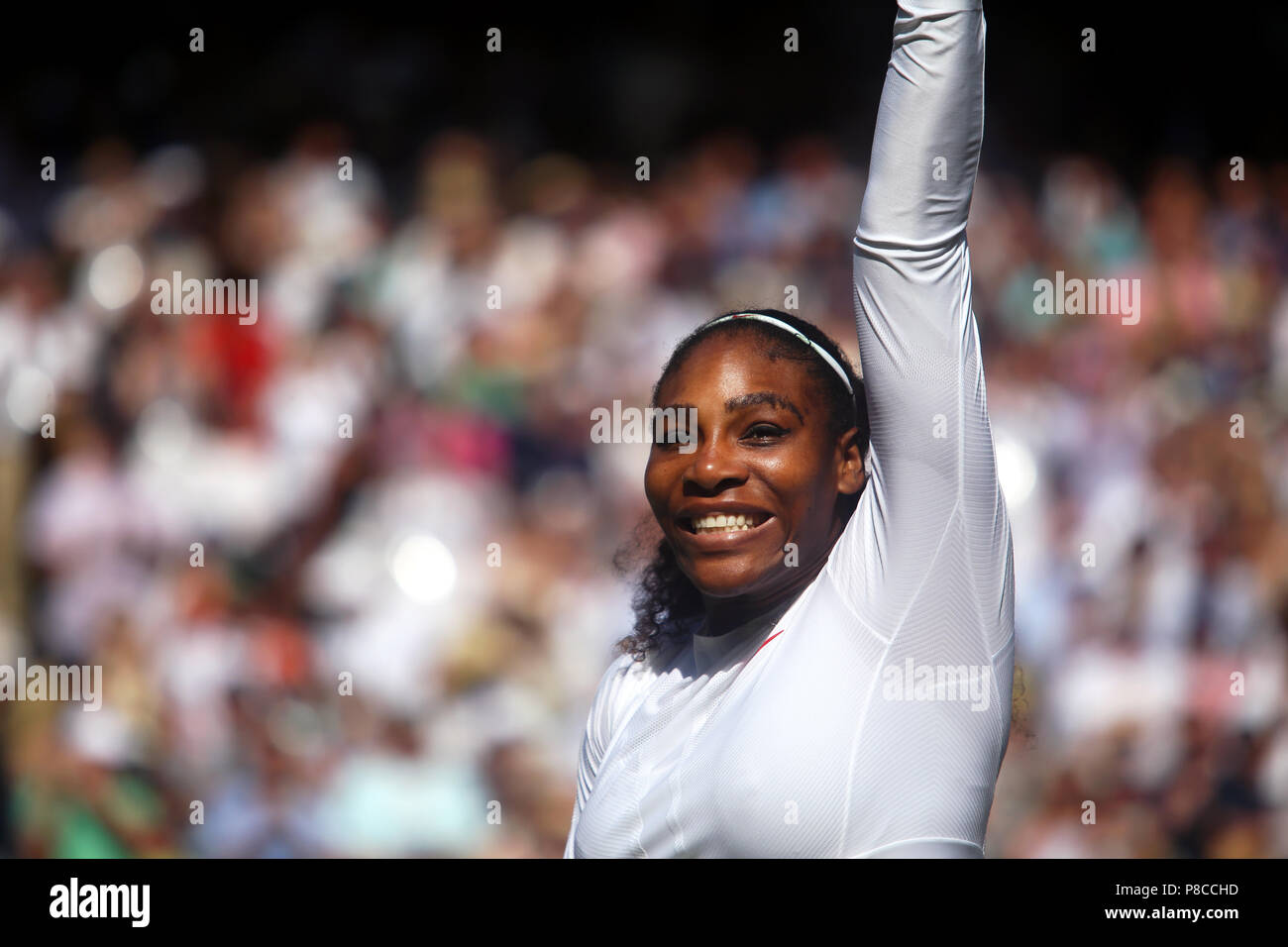 London, UK. 10th July, 2018.  Wimbledon Tennis: Serena Williams acknowledges the crowd after defeating Italy's Camila Georgi to advance to the semi-finals at Wimbledon today. Credit: Adam Stoltman/Alamy Live News Stock Photo