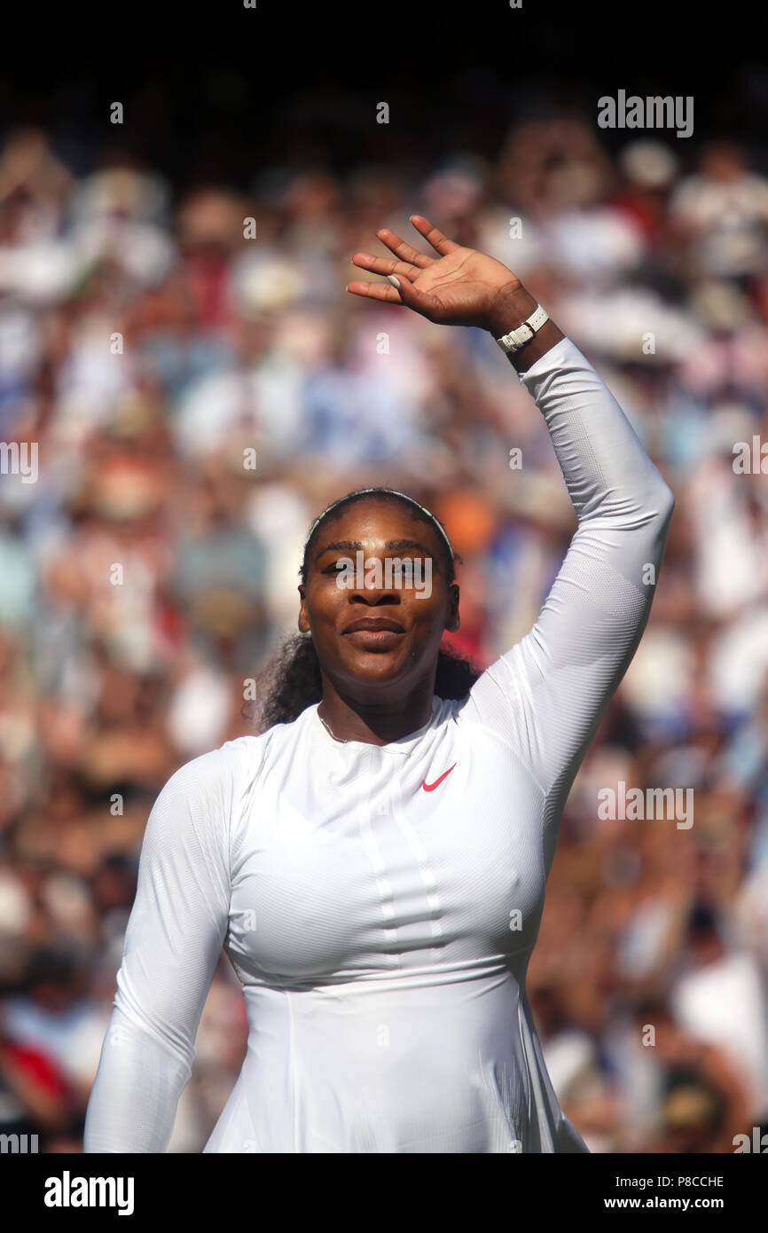London, UK. 10th July, 2018.  Wimbledon Tennis: Serena Williams acknowledges the crowd after defeating Italy's Camila Georgi to advance to the semi-finals at Wimbledon today. Credit: Adam Stoltman/Alamy Live News Stock Photo