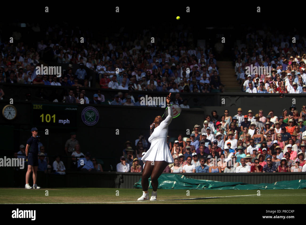 London, UK. 10th July, 2018.  Wimbledon Tennis: Serena Williams serving to Italy's Camila Georgi on Centre Court to advance to the semi-finals at Wimbledon today. Credit: Adam Stoltman/Alamy Live News Stock Photo