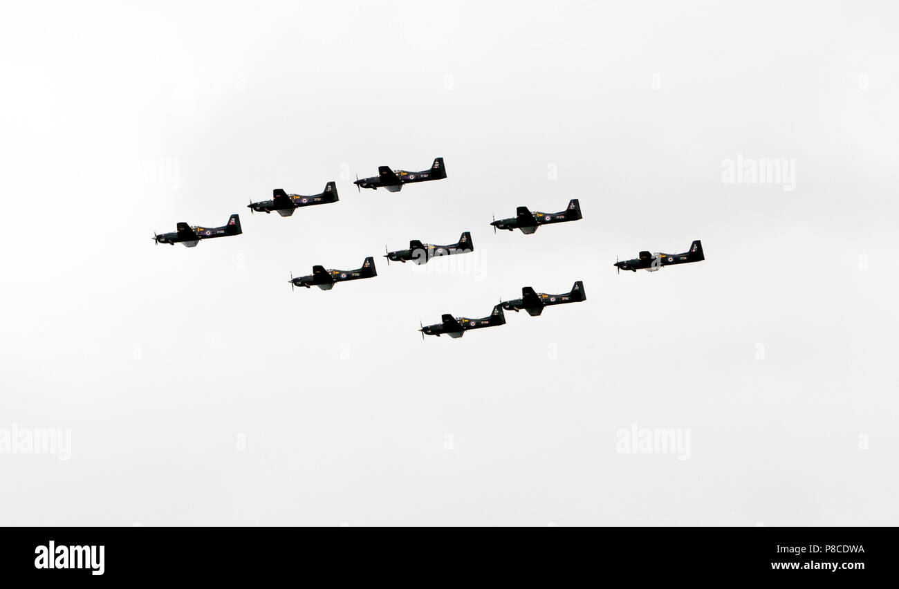 Tucano Aircraft fly in formation over the QE2 Olympic Park  as part of the RAF Centennial Celebrations Stock Photo