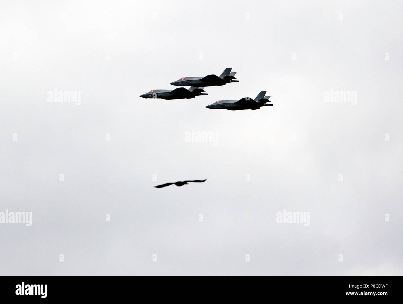 Three F35 Lightning's  fly in formation over the QE2 Olympic Park,  as part of the RAF Centennial Celebrations Stock Photo