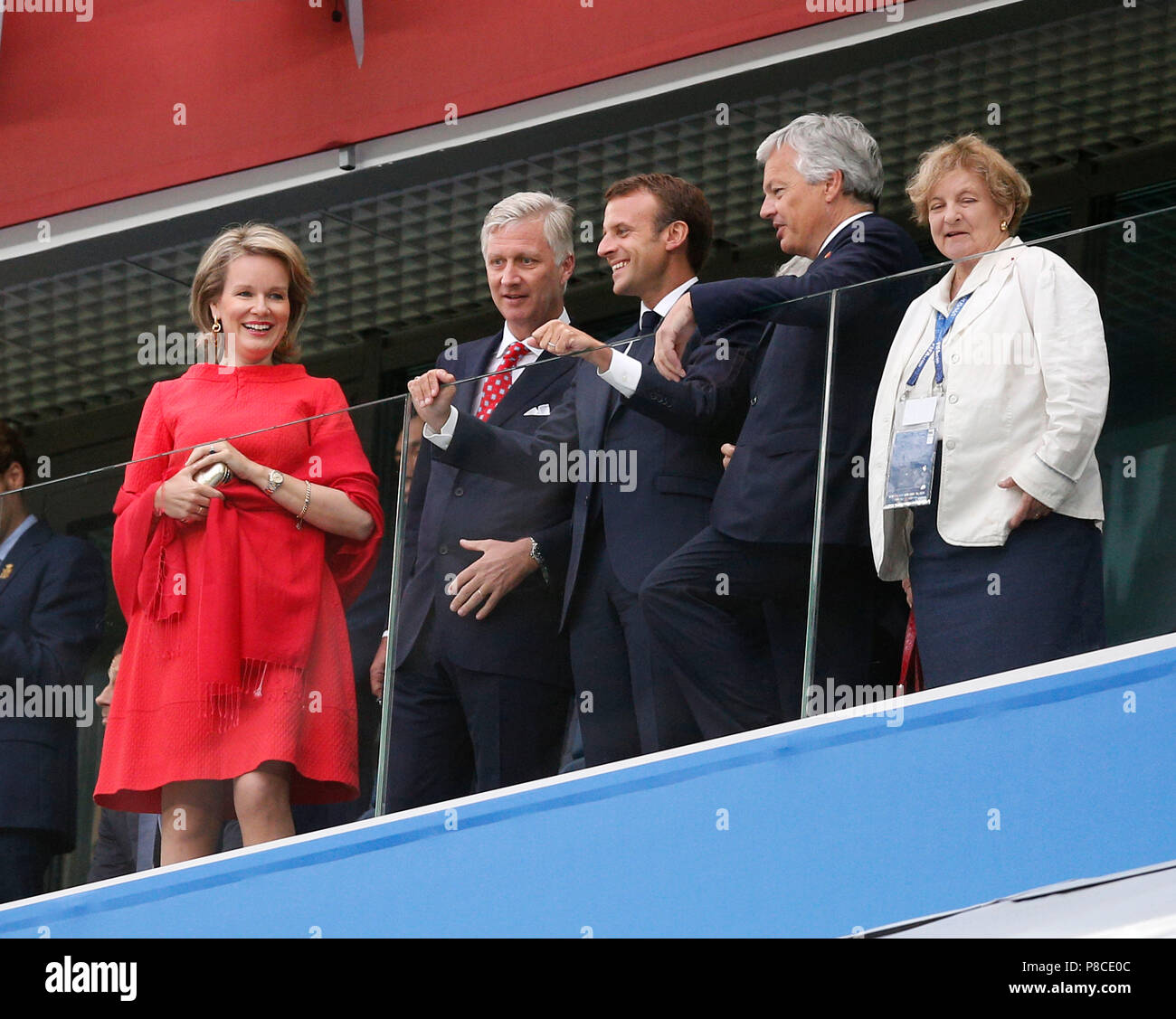 St Petersburg, Russia. 10th July, 2018. Emmanuel Macron (President of France, centre) with Queen Mathilde of Belgium (left), Philippe of Belgium (2nd left) and David Hill of the FA (2nd right) during the 2018 FIFA World Cup Semi Final match between France and Belgium at Saint Petersburg Stadium on July 10th 2018 in Saint Petersburg, Russia. (Photo by Daniel Chesterton/phcimages.com) Credit: PHC Images/Alamy Live News Stock Photo
