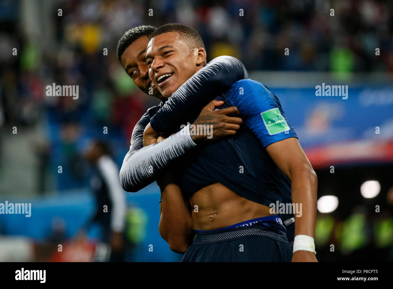 Kylian Mbappe of France celebrates after the 2018 FIFA World Cup Semi Final match between France and Belgium at Saint Petersburg Stadium on July 10th 2018 in Saint Petersburg, Russia. (Photo by Daniel Chesterton/phcimages.com) Stock Photo