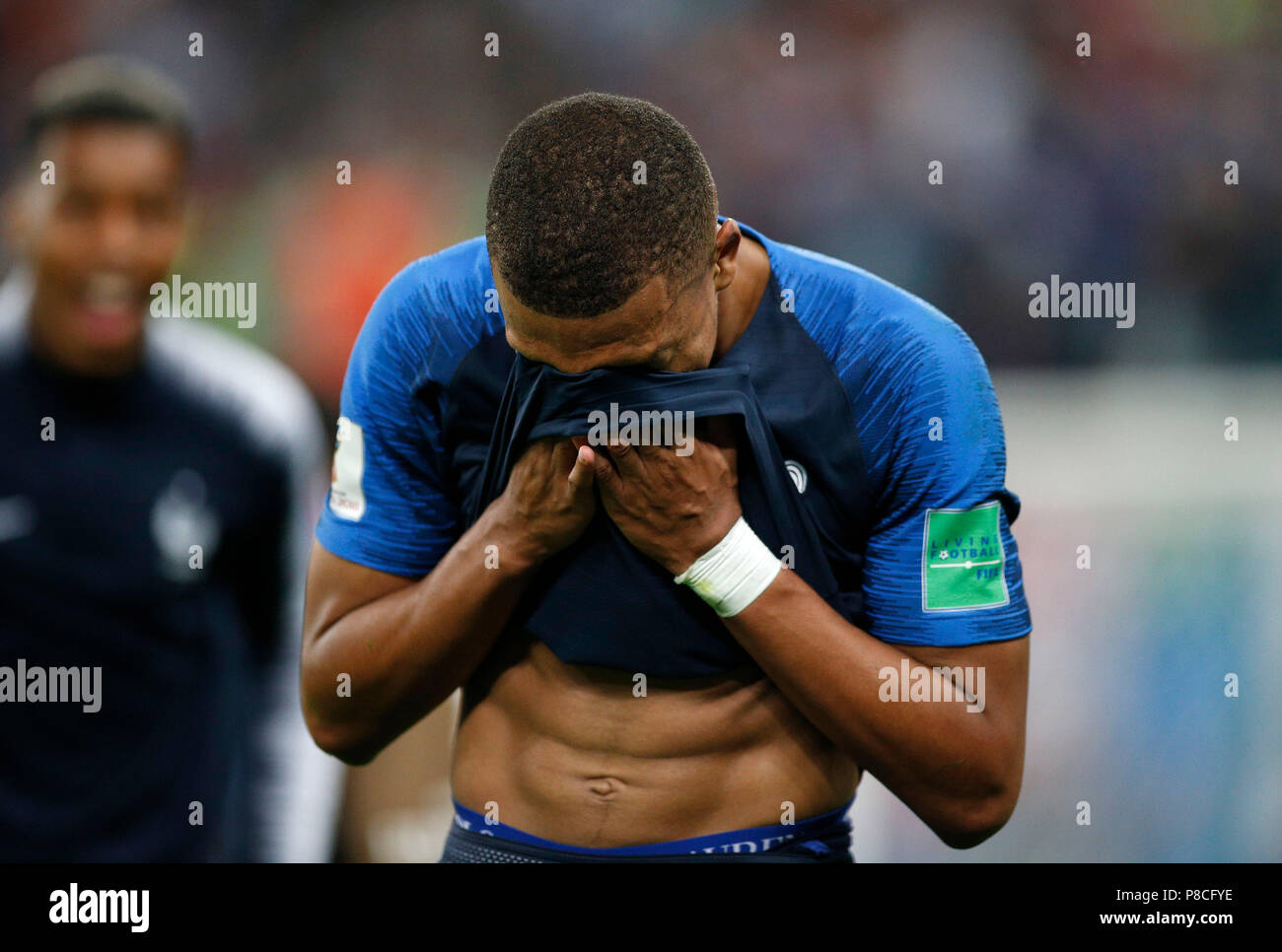 Kylian Mbappe of France celebrates at the end of the game during the 2018 FIFA World Cup Semi Final match between France and Belgium at Saint Petersburg Stadium on July 10th 2018 in Saint Petersburg, Russia. (Photo by Daniel Chesterton/phcimages.com) Stock Photo