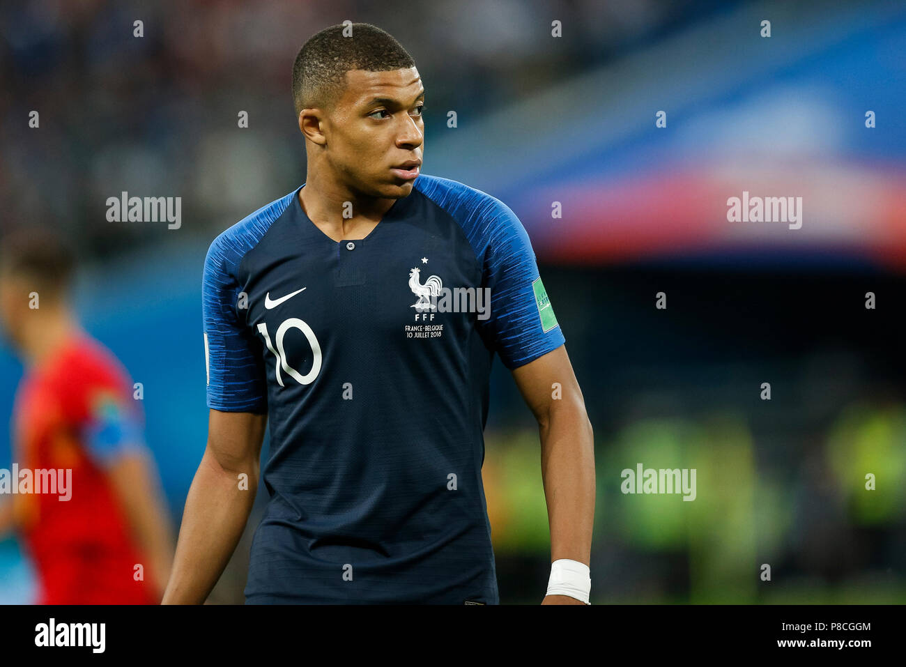 Kylian Mbappe of France during the 2018 FIFA World Cup Semi Final match between France and Belgium at Saint Petersburg Stadium on July 10th 2018 in Saint Petersburg, Russia. (Photo by Daniel Chesterton/phcimages.com) Stock Photo