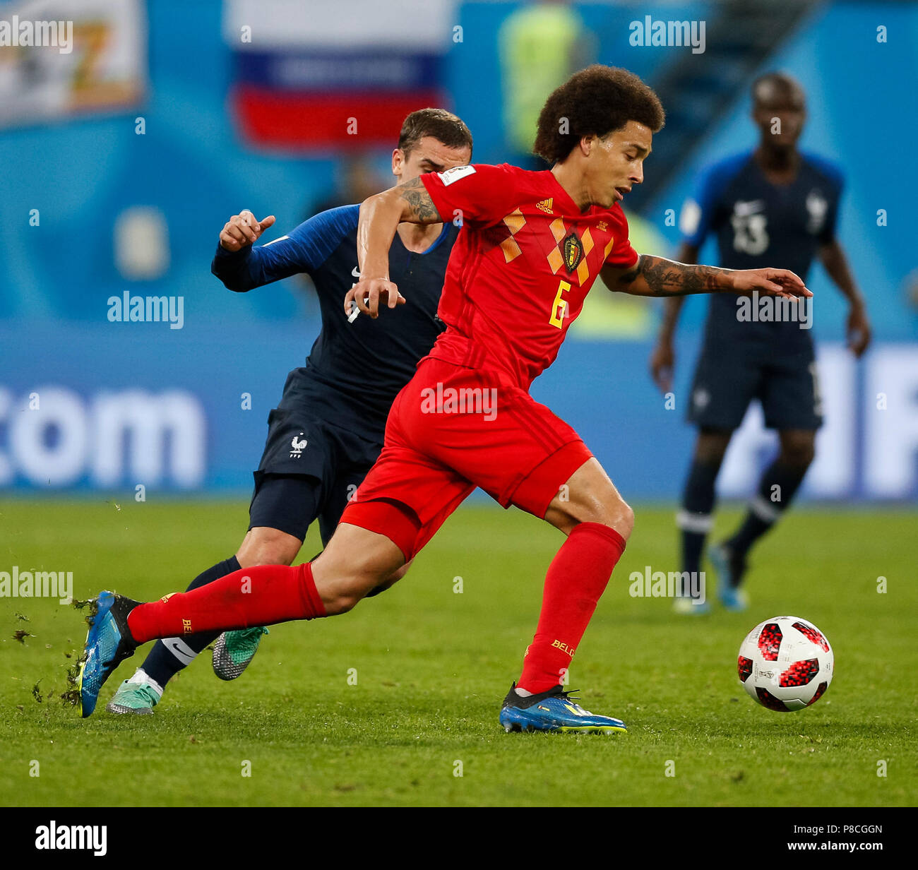 Axel Witsel of Belgium and Antoine Griezmann of France during the 2018 FIFA World Cup Semi Final match between France and Belgium at Saint Petersburg Stadium on July 10th 2018 in Saint Petersburg, Russia. (Photo by Daniel Chesterton/phcimages.com) Stock Photo