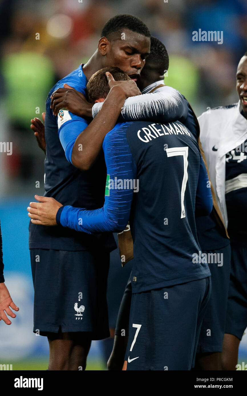 Paul Pogba of France and Antoine Griezmann of France celebrate after the 2018 FIFA World Cup Semi Final match between France and Belgium at Saint Petersburg Stadium on July 10th 2018 in Saint Petersburg, Russia. (Photo by Daniel Chesterton/phcimages.com) Stock Photo