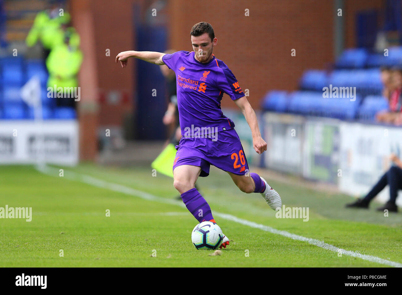 Andrew Robertson of Liverpool in action. Pre-season football friendly match, Tranmere Rovers v Liverpool at Prenton Park in Birkenhead, The Wirral on Tuesday 10th July 2018.  this image may only be used for Editorial purposes. Editorial use only, license required for commercial use. No use in betting, games or a single club/league/player publications. pic by Chris Stading/Andrew Orchard sports photography/Alamy Live news Stock Photo