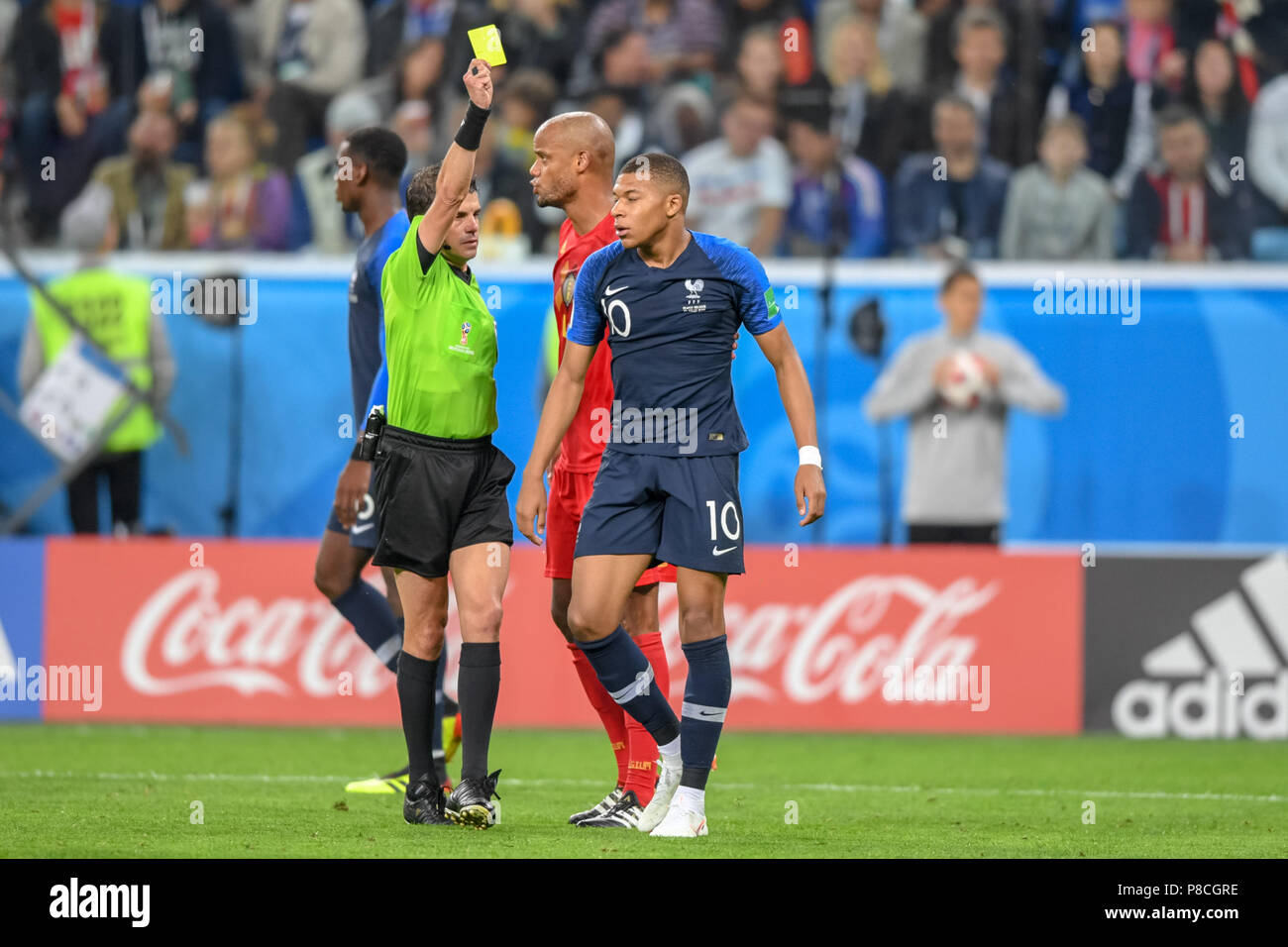 10th July 2018, Saint Petersburg Stadium, Saint Petersburg, Russia; FIFA World Cup Football, semi final, France versus Belgium; Yellow card to Kylian Mbappe of France for a foul Stock Photo