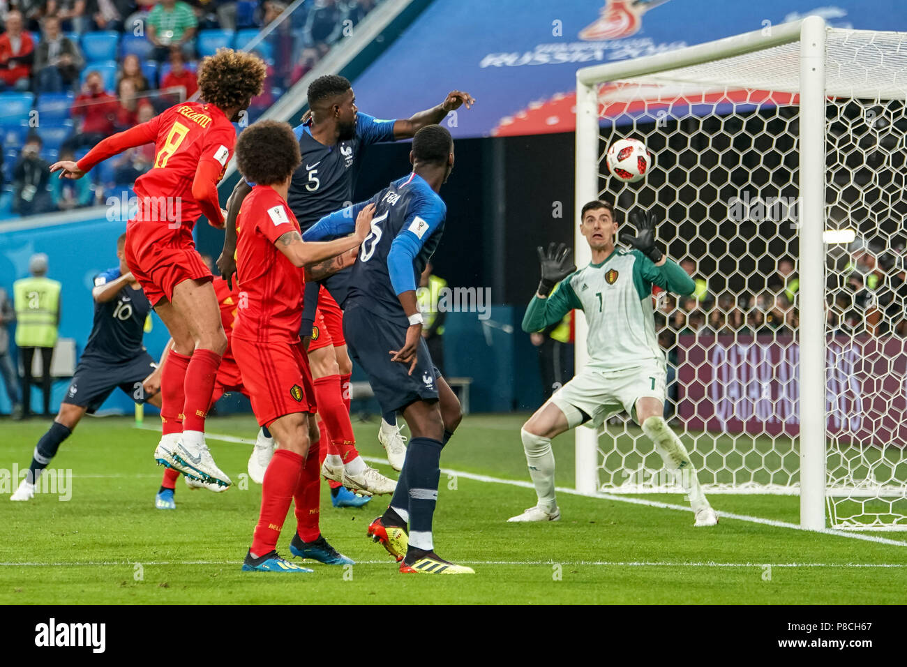 St. 10th July, 2018. Samuel Umtiti of France scoring to 1-0 in the 51rd minute at St. Petersbourg Stadium during the semi finals between France and Belgium during the 2018 World Cup. Ulrik Pedersen/CSM/Alamy Live News Stock Photo