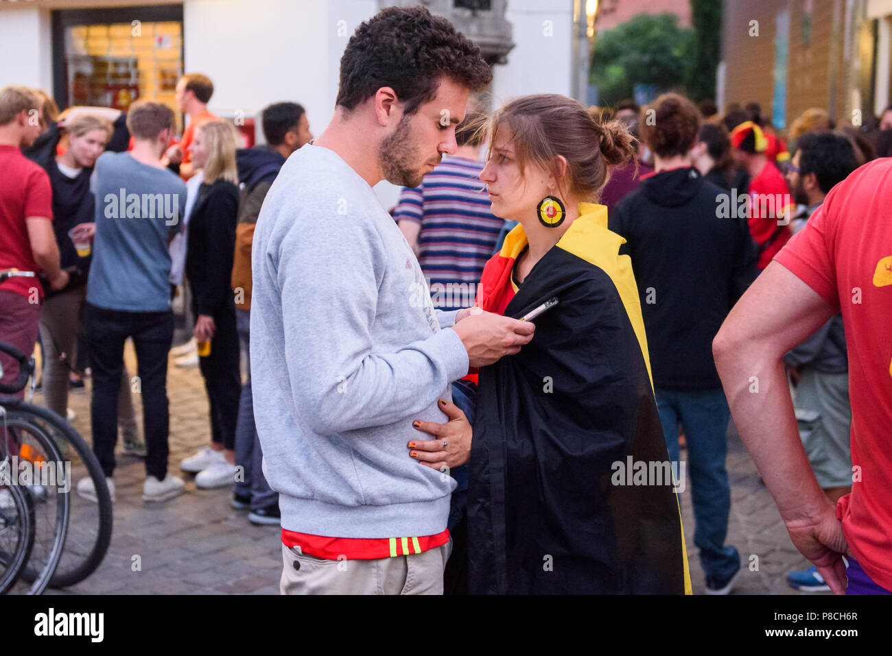 10.07.2018. BRUSSELS, BELGIUM. Football fans of Belgium and France after FIFA WORLD CUP 2018 game between team Belgium and team France. Stock Photo
