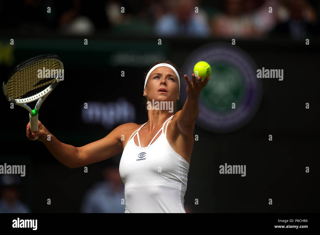 London, England - July 10, 2018. Wimbledon Tennis: Italy's Camila Georgi in  action during her quarter-final match against Serena Williams on Centre  Court at Wimbledon today. Williams won the match to advance