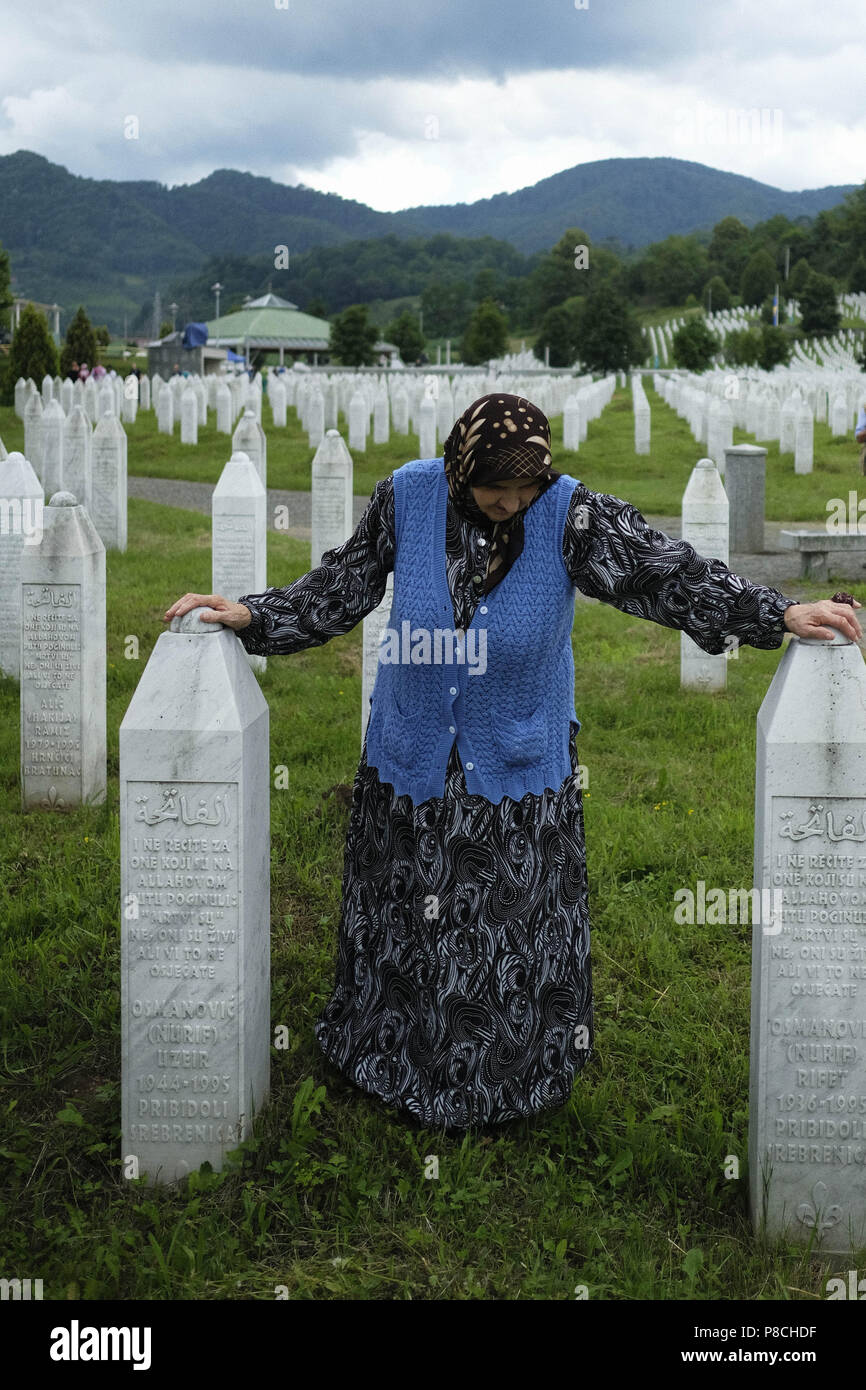 Srebrenica, Srebrenica, Bosnia. 12th Oct, 2017. Europe, Bosnia, Srebrenica, July 10, 2018.Twenty-three years have passed since the Srebrenica Genocide took the lives of more than 7000 victims in Bosnia and Herzegovina between 1992 and 1995. This horrific event is commemorated annually on July 10 because on that day in 1995 Bosnian Serb forces, commanded by convicted war criminal General Ratko Mladic, executed more than 7000 Muslim-Bosniak men, boys and elderly who had sought safety in the region after the fall of Srebrenica. Furthermore, another 25,000 people were forcibly deported in an U Stock Photo