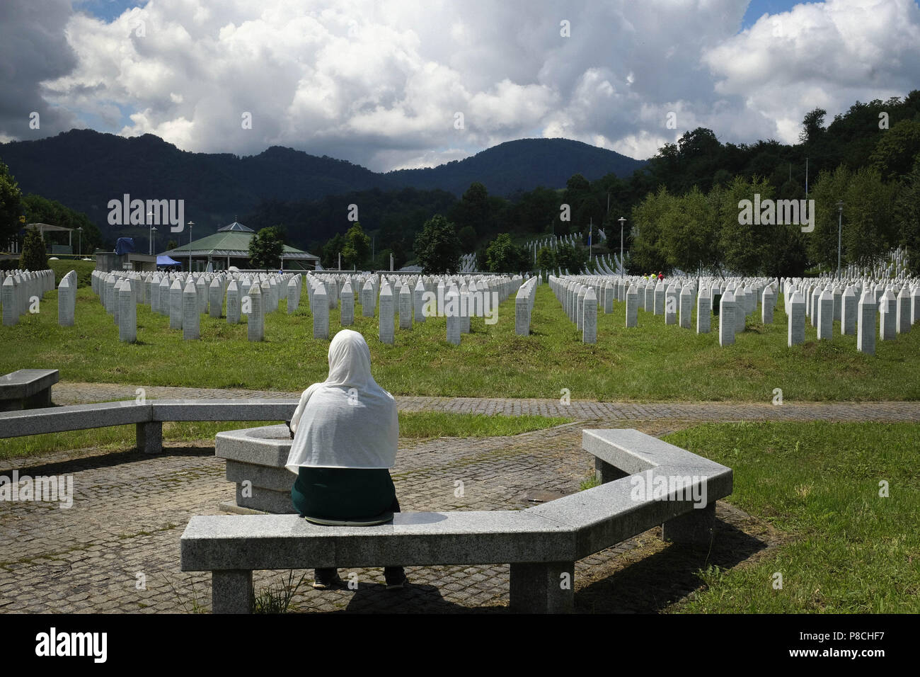 Srebrenica, Srebrenica, Bosnia. 12th Oct, 2017. Europe, Bosnia, Srebrenica, July 10, 2018.Twenty-three years have passed since the Srebrenica Genocide took the lives of more than 7000 victims in Bosnia and Herzegovina between 1992 and 1995. This horrific event is commemorated annually on July 10 because on that day in 1995 Bosnian Serb forces, commanded by convicted war criminal General Ratko Mladic, executed more than 7000 Muslim-Bosniak men, boys and elderly who had sought safety in the region after the fall of Srebrenica. Furthermore, another 25,000 people were forcibly deported in an U Stock Photo