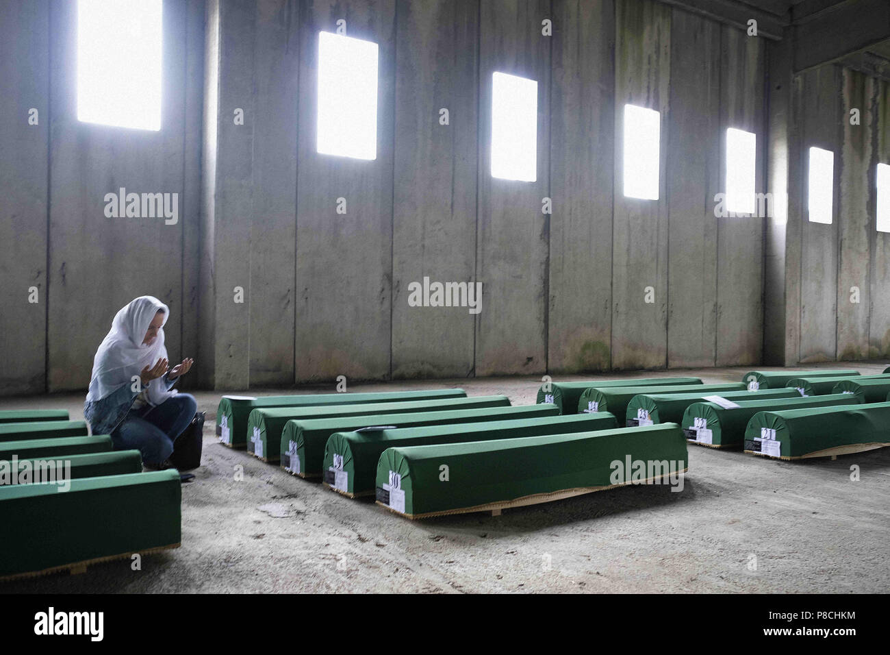 Srebrenica, Srebrenica, Bosnia. 12th Oct, 2017. Europe, Bosnia, Srebrenica, July 10, 2018.Twenty-three years have passed since the Srebrenica Genocide took the lives of more than 7000 victims in Bosnia and Herzegovina between 1992 and 1995. This horrific event is commemorated annually on July 10 because on that day in 1995 Bosnian Serb forces, commanded by convicted war criminal General Ratko Mladic, executed more than 7000 Muslim-Bosniak men, boys and elderly who had sought safety in the region after the fall of Srebrenica. Furthermore, another 25,000 people were forcibly deported in an U Stock Photo