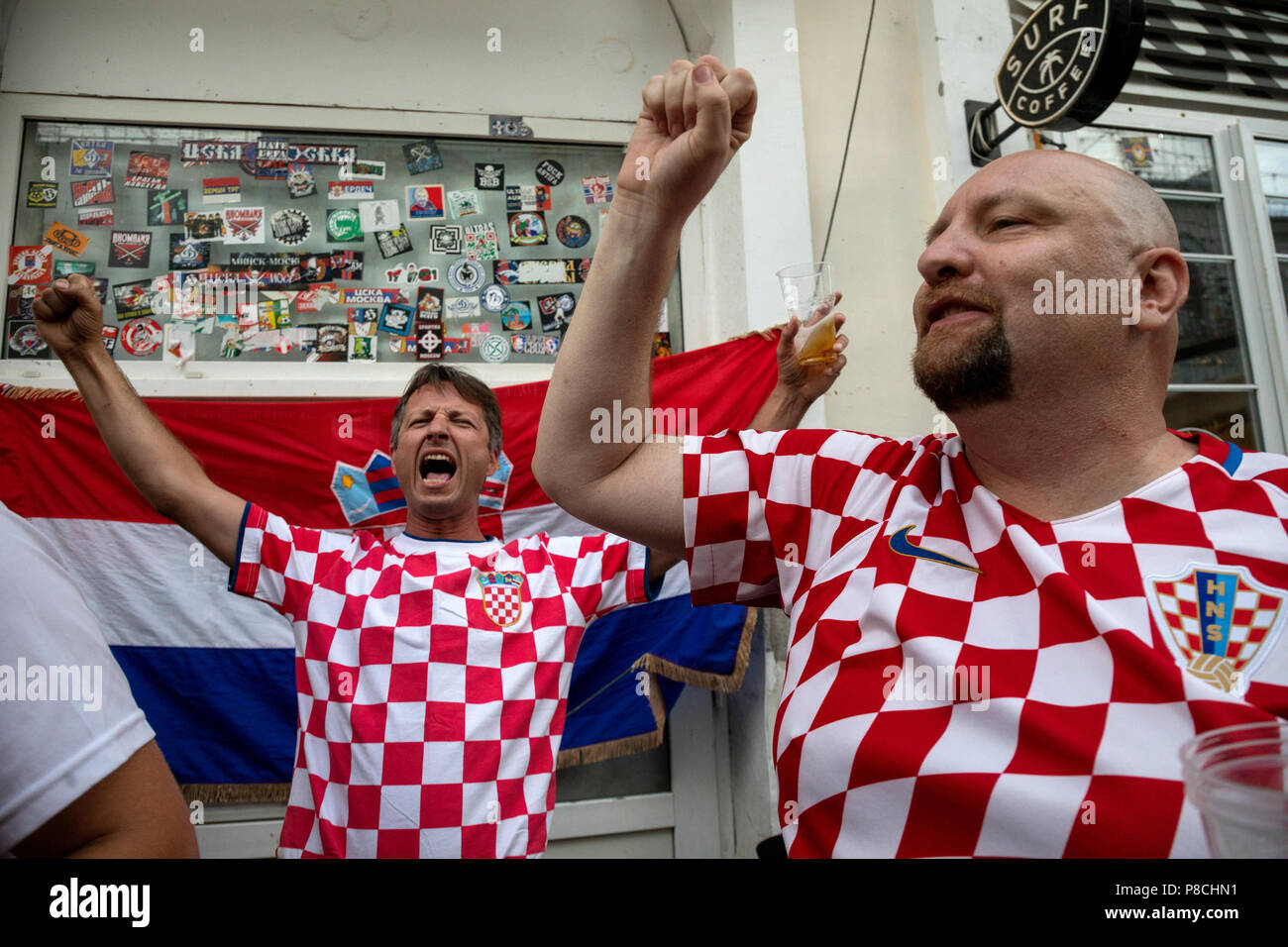 Moscow, Russia. 10thJuly, 2018. Croatian football fans cheer at Nikolskaya street of Moscow before the game England vs Croatia of  the World Cup FIFA 2018 Russia Credit: Nikolay Vinokurov/Alamy Live News Stock Photo