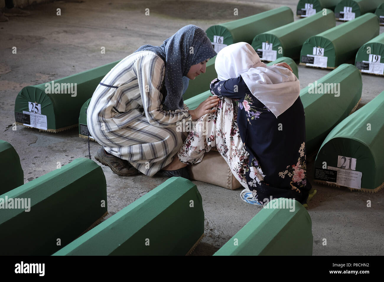 Srebrenica, Srebrenica, Bosnia. 12th Oct, 2017. Europe, Bosnia, Srebrenica, July 10, 2018.Twenty-three years have passed since the Srebrenica Genocide took the lives of more than 7000 victims in Bosnia and Herzegovina between 1992 and 1995. This horrific event is commemorated annually on July 10 because on that day in 1995 Bosnian Serb forces, commanded by convicted war criminal General Ratko Mladic, executed more than 7000 Muslim-Bosniak men, boys and elderly who had sought safety in the region after the fall of Srebrenica. Furthermore, another 25,000 people were forcibly deported in an U Stock Photo
