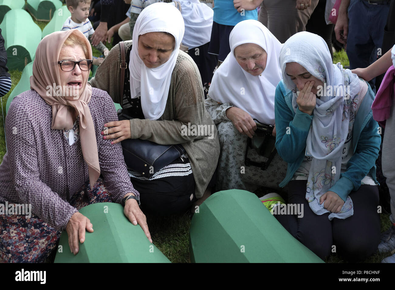 Srebrenica, Srebrenica, Bosnia. 12th Oct, 2017. Europe, Bosnia, Srebrenica, July 10, 2018.Twenty-three years have passed since the Srebrenica Genocide took the lives of more than 7000 victims in Bosnia and Herzegovina between 1992 and 1995. This horrific event is commemorated annually on July 10 because on that day in 1995 Bosnian Serb forces, commanded by convicted war criminal General Ratko Mladic, executed more than 7000 Muslim-Bosniak men, boys and elderly who had sought safety in the region after the fall of Srebrenica. Furthermore, another 25,000 people were forcibly deported in an U Stock Photo