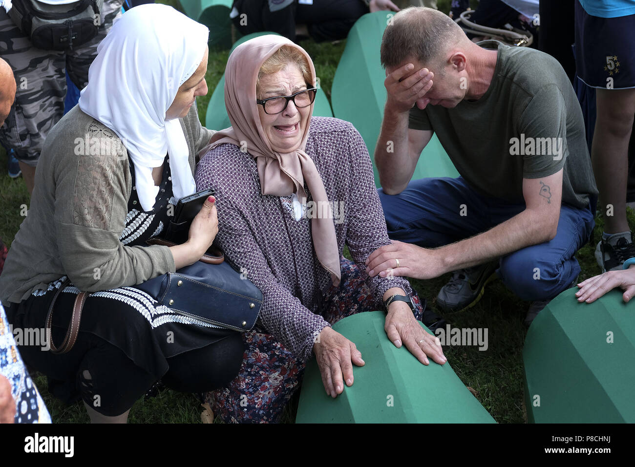 Srebrenica, Srebrenica, Bosnia. 12th Oct, 2017. Europe, Bosnia, Srebrenica, July 10, 2018.Twenty-three years have passed since the Srebrenica Genocide took the lives of more than 7000 victims in Bosnia and Herzegovina between 1992 and 1995. This horrific event is commemorated annually on July 10 because on that day in 1995 Bosnian Serb forces, commanded by convicted war criminal General Ratko Mladic, executed more than 7000 Muslim-Bosniak men, boys and elderly who had sought safety in the region after the fall of Srebrenica. Furthermore, another 25,000 people were forcibly deported in an U Stock Photo