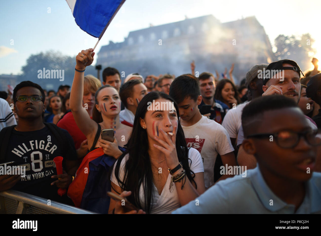 July 10, 2018 - Paris, France: Supporters of the French football team  gather at Hotel de Ville to watch the semi-final of the soccer World Cup  between France and Belgium. Des supporters