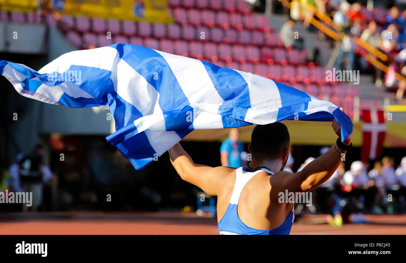 Tampere, Finland. 10th July, 2018. ODYSSEAS MOUZENIDIS from Greece win bronze medal in the shot put at the IAAF World U20 Championships in Tampere, Finland on July 10, 2018. Credit: Denys Kuvaiev /Alamy Live News Credit: Denys Kuvaiev/Alamy Live News Stock Photo
